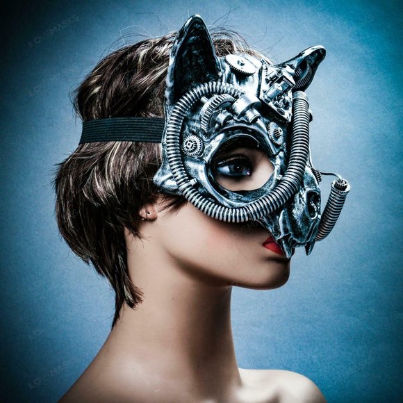 Silver Steampunk Vampire Skull Cat Face Party Mask - Picture 4 of 8